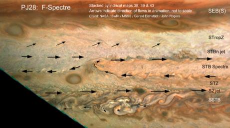 This image was captured by the JunoCam imager aboard NASA's Juno spacecraft on July 25, 2020. It shows how the motion of small clouds on Jupiter is used to determine wind direction (indicated with arrows).