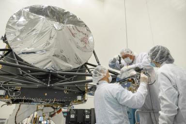 At NASA's Jet Propulsion Laboratory, engineers integrate a gamma ray and neutron spectrometer into the agency's Psyche spacecraft. The instrument will help determine the elements that make up its target, an asteroid also named Psyche.
