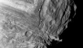 Miranda, innermost of Uranus' large satellites, is seen at close range in this image from NASA's Voyager 2 image, taken Jan. 24, 1986, as part of a high-resolution mosaicing sequence.